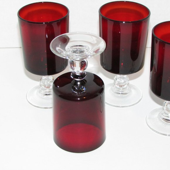 Vintage Ruby Red Glass Goblets 4 Wine Glasses Clear Ball Stem France 4 ounces - Picture 3 of 5